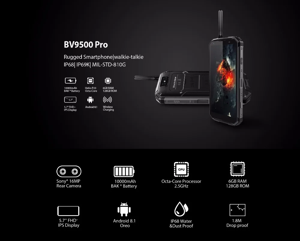 Blackview Bv9500 Pro Водонепроницаемый Walkie Talkie смартфон 6 ГБ ОЗУ 128 Гб ПЗУ Восьмиядерный 5," Fhd 18:9 аккумулятор 10000 мАч мобильный телефон