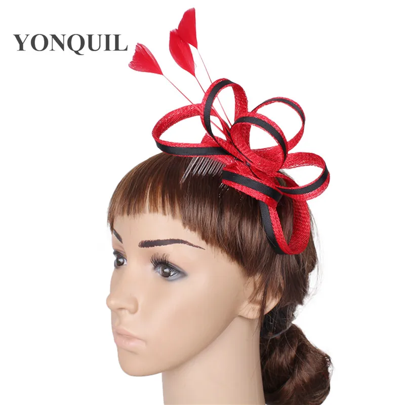 Фото Sinamay Feather Hair Fascinator, головной убор, зажим для коктейльной вечеринки, церковная шляпа, аксессуар SYF45, головной убор на день гонок №4