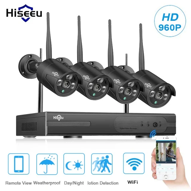 Hiseeu Беспроводной NVR 960 P HD Открытый безопасности дома Камера Системы 4CH CCTV