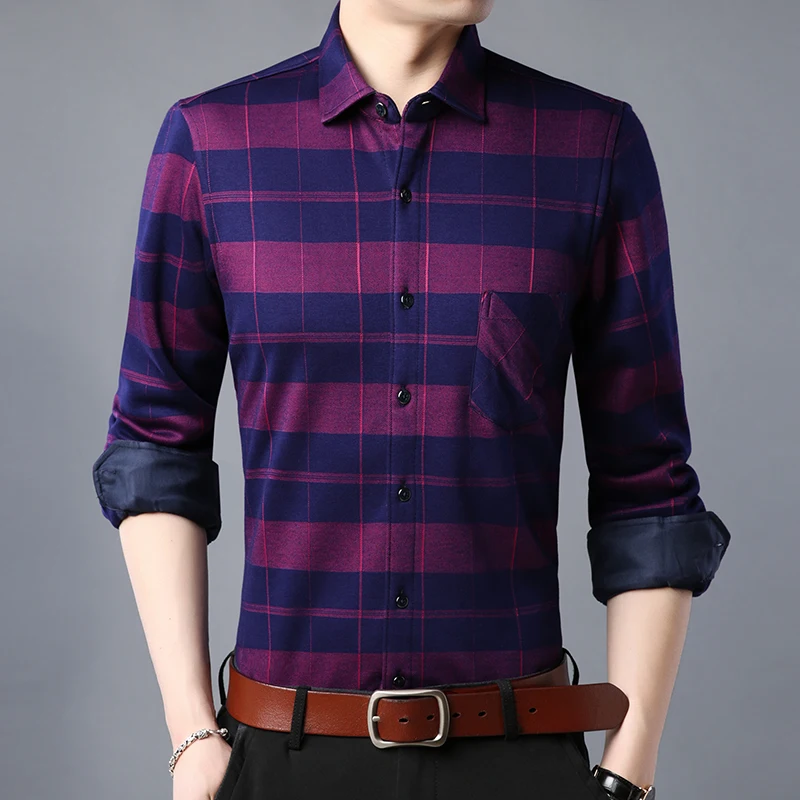 Fashion Men's Shirts Winter Thick Warm Check Male Social Men Business Casual Fleece Print Autumn Shirt Brand Clothing 4XL | Мужская
