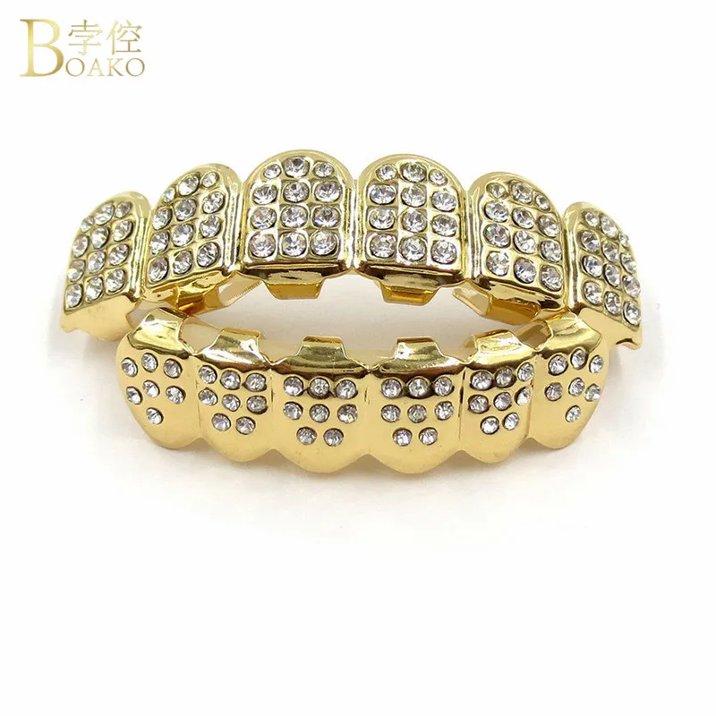 Gold set BOAKO хип-хоп золотые зубы Grillz Iced Out CZ зубы шапки верхние и нижние грили стоматологические рот панк вечерние зубные Рэппер Украшения для тела - Окраска металла: Gold set