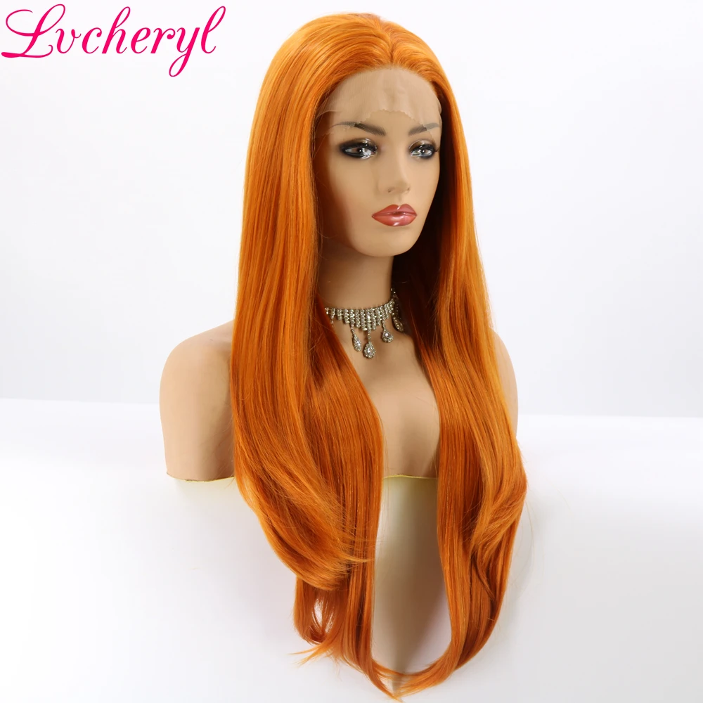 Lvcheryl оранжевый натуральный волнистый Полная плотность ручная связка Многослойные термостойкие волосы бесклеевые синтетические передние парики на кружеве праздничная одежда