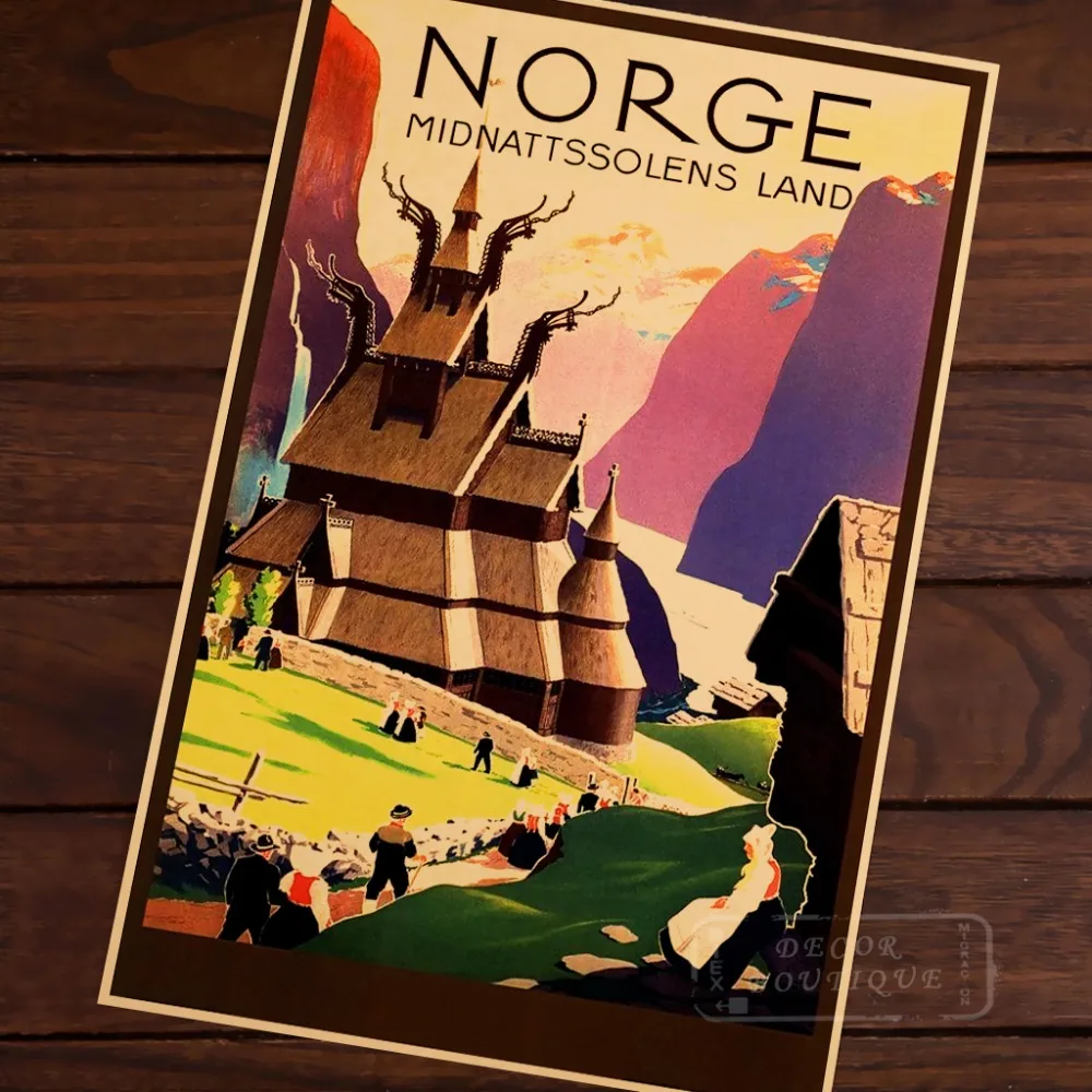 Norge Midnattssolens Land винтажный Ретро-пейзаж из путешествия постер декоративная стена