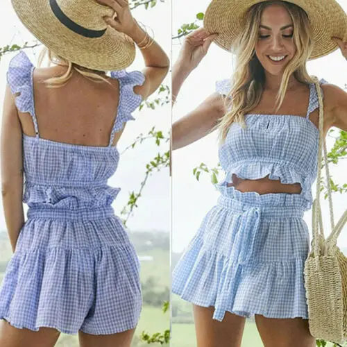 Boho/женские синие топы без рукавов пляжные шорты 2 шт. летние клетчатые кроп-топы