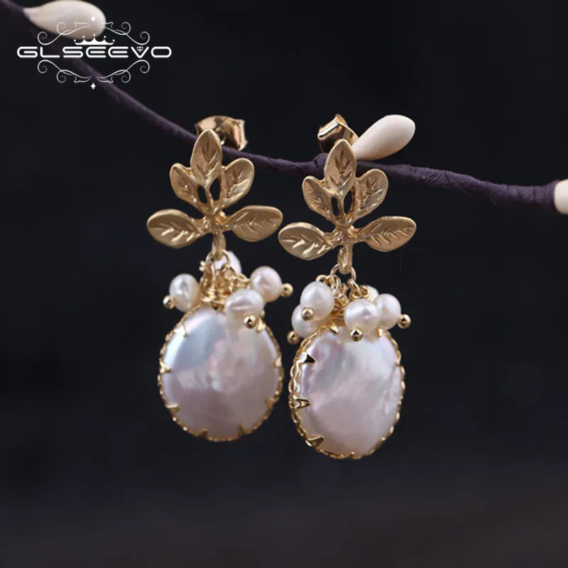GLSEEVO природной пресной воды Baroque Pearl Drop Earrings Для женщин листьев растений Длинные