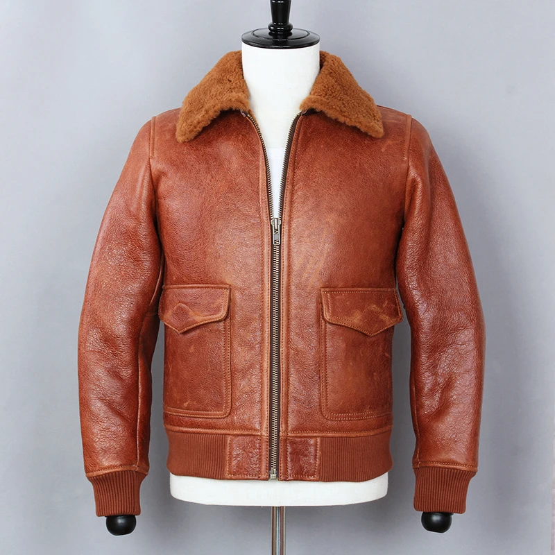 Мужская мотоциклетная куртка из натуральной овечьей кожи коричневая бомбер с