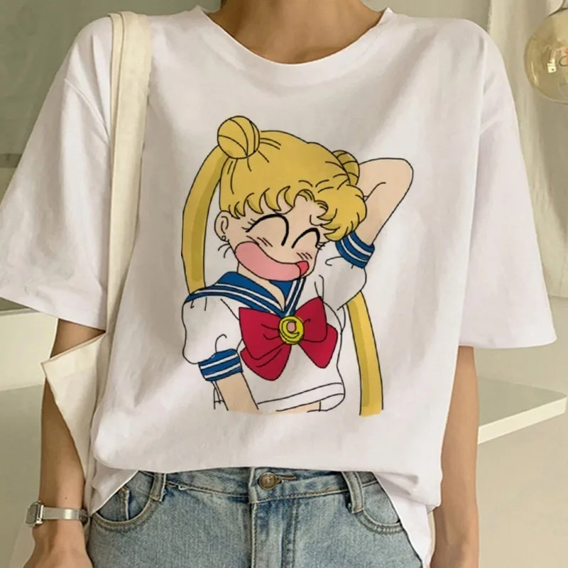 Сейлор Мун летняя новая модная футболка Женская Harajuku с коротким рукавом забавная футболка Ulzzang Милая футболка с котом Мультяшные футболки женские