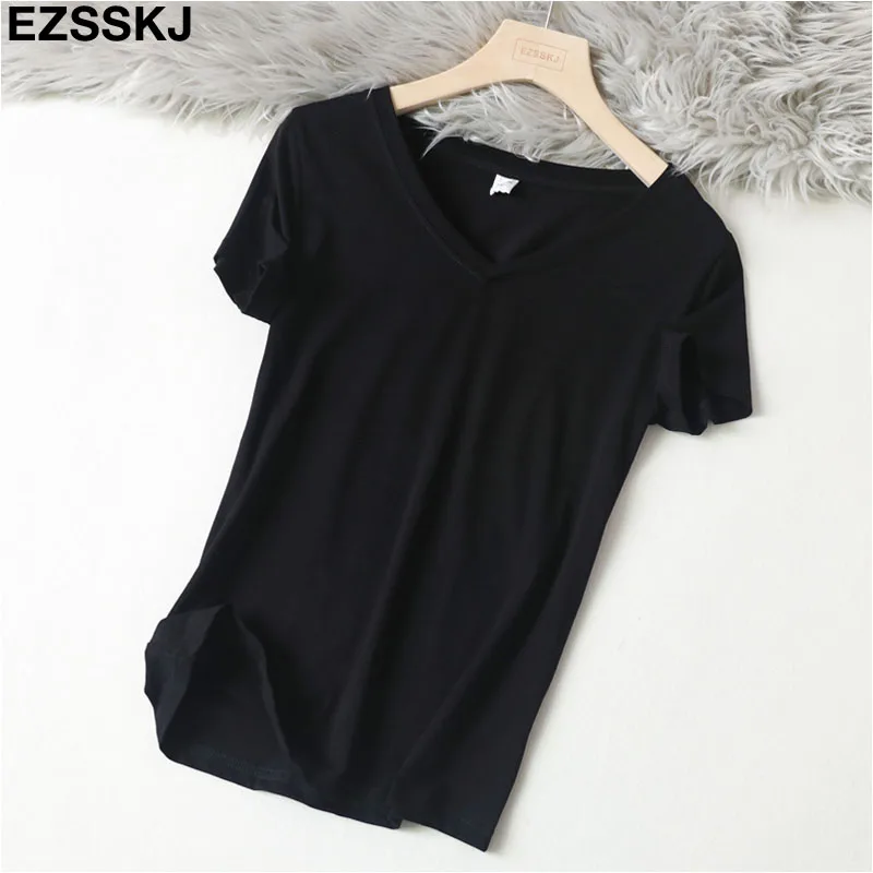 v-neck black Повседневная футболка из 95% хлопка с v-образным вырезом, женская летняя Базовая футболка с коротким рукавом размера плюс 3XL, Однотонная футболка, женская футболка большого размера - Цвет: v-neck black