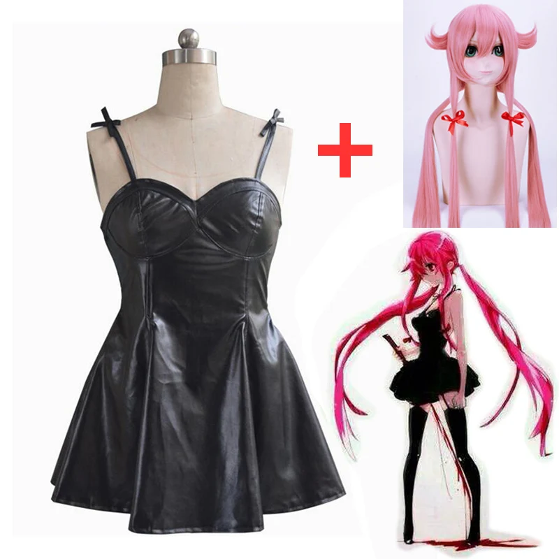 2019Anime The Future Diary Gasai Yuno Black PU Leather Fancy Dress Cosplay Costume Mirai Nikki Braces Skirt Performance Costumes