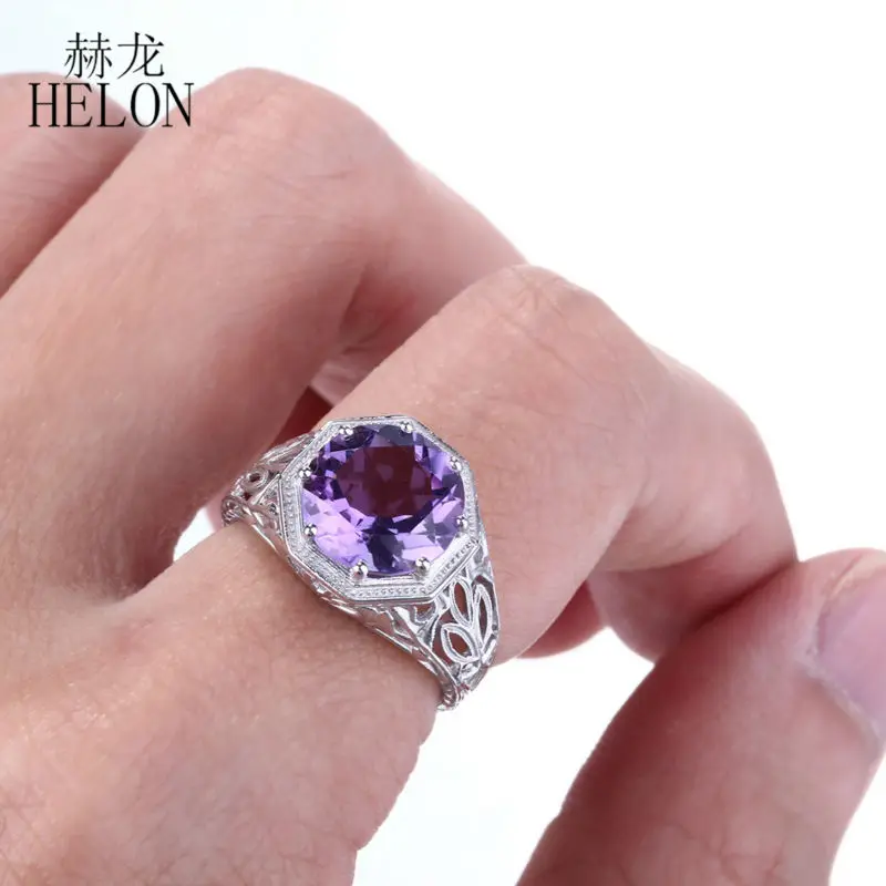 HELON 10 мм круглая форма 3.7ct Аметист Стерлинговое Серебро 925 Обручальное кольцо в стиле АР-деко винтажное женское Ювелирное кольцо