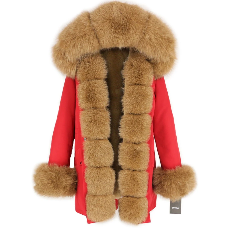 red camel Водонепроницаемая Женская парка, зимняя куртка, Женское пальто из натурального меха, Воротник из натурального Лисьего меха, капюшон, Толстая теплая Съемная уличная одежда, роскошная Новинка - Цвет: red camel