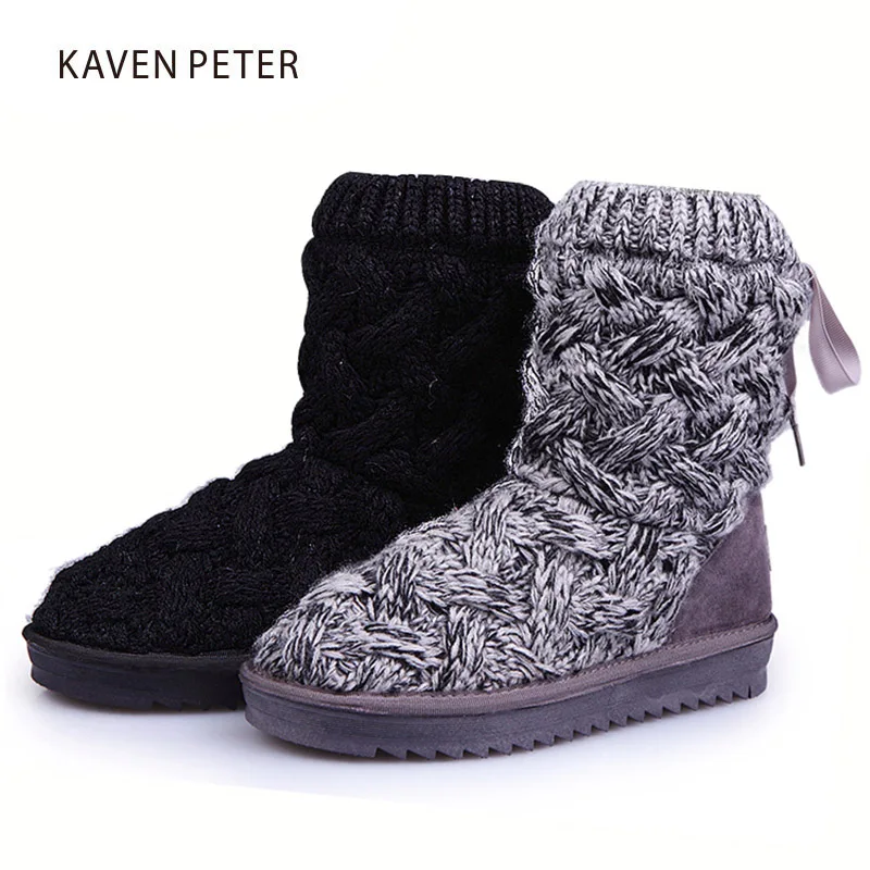 

2017 fashion children snow boots kids winter knitted boots inside with fur cross-tied girls winter boots boys warm shoes