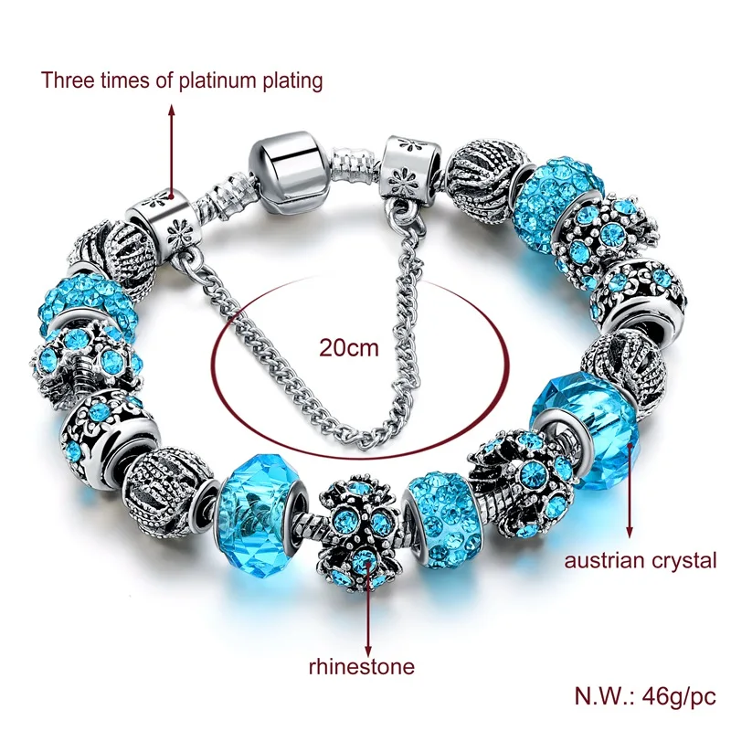 Браслет женский из серебра 2019 пробы с голубыми кристаллами|charm jewelry|bracelet friendshipwomen