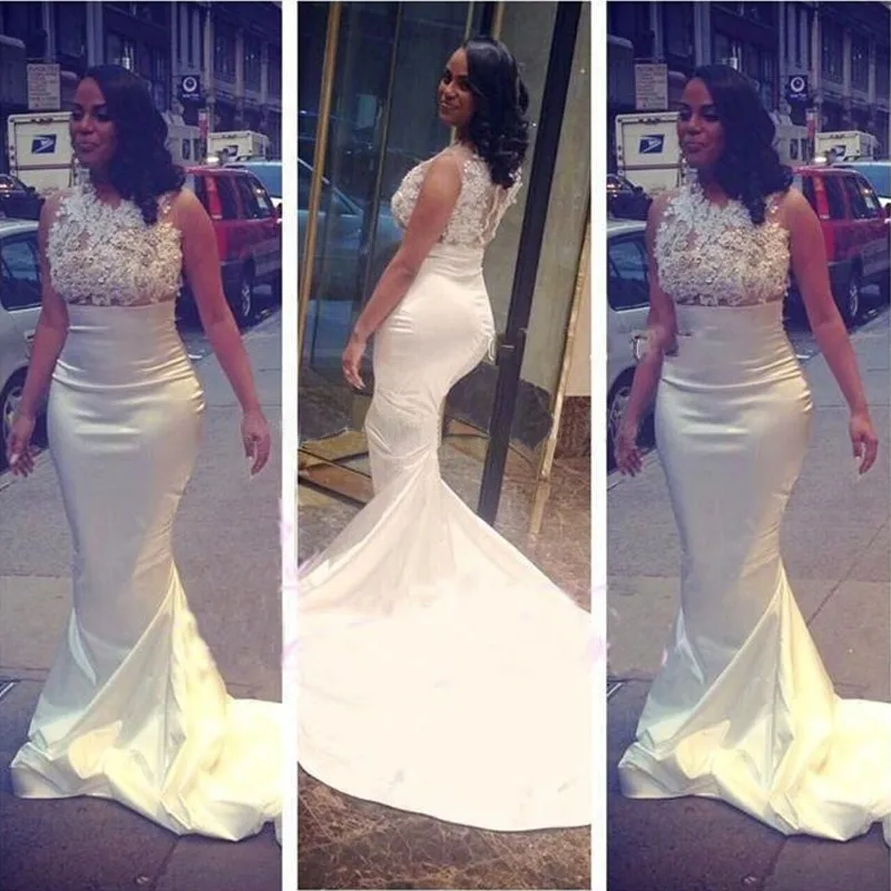 

Sexy Mermaid Sleeveless Long Lace Taffeta White Prom Dress Formal Party Evening Dress Custom Make Size 2 4 6 8 10 12 14 16