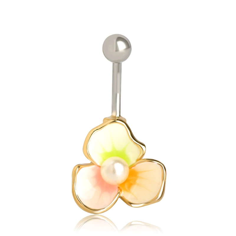

Gold Navel Ring Enamel Esmaltes Pearl Body Feminino Umbigo Piercing Flower 316L Surgical Steel Jewelry Pearls Bikini Belly Ring
