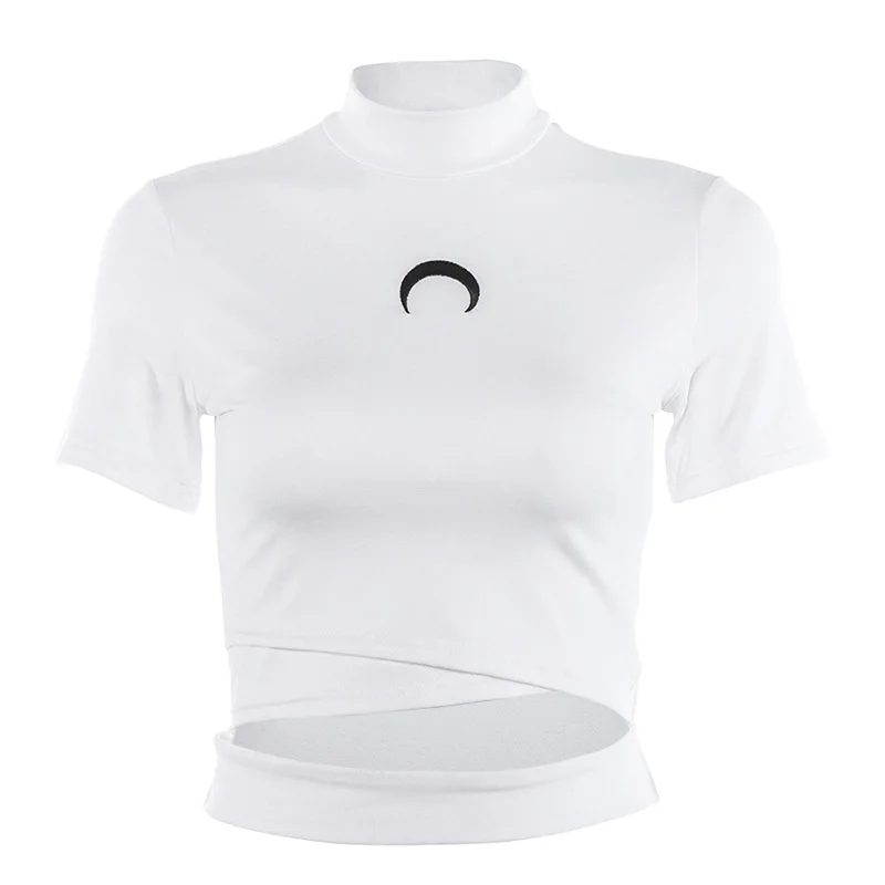 White T-Shirt Женская футболка с изображением ведьмы и Луны, готические футболки, топы с вышивкой в виде полумесяца, футболки пастельного готического стиля, хлопковая короткая футболка - Цвет: White T-Shirt