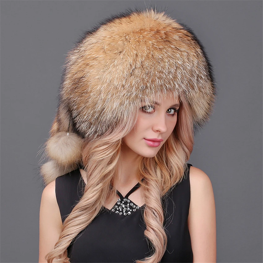 Women Winter Real Natural Fur Silver Red Fox Hat With Pom Pom Fox Tail Lady Winter Warm Hats Soft Hairy Cap