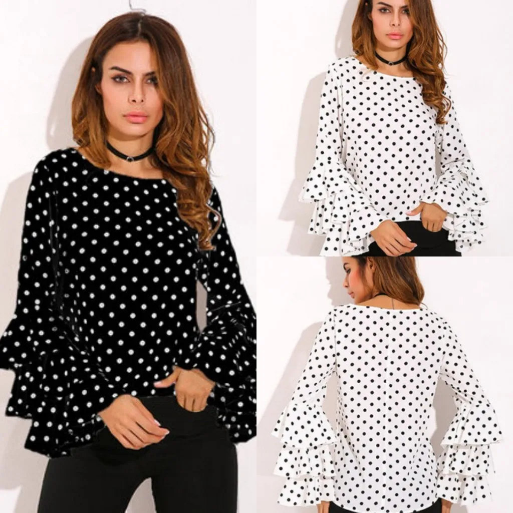 Женская шифоновая блузка в горошек с длинным рукавом бабочкой|chiffon blouses shirts|blouse shirtwomen chiffon blouse |