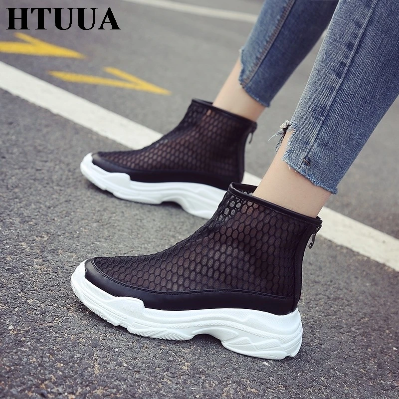 HTUUA модная летняя обувь женские открытые босоножки на платформе с сеткой толстый