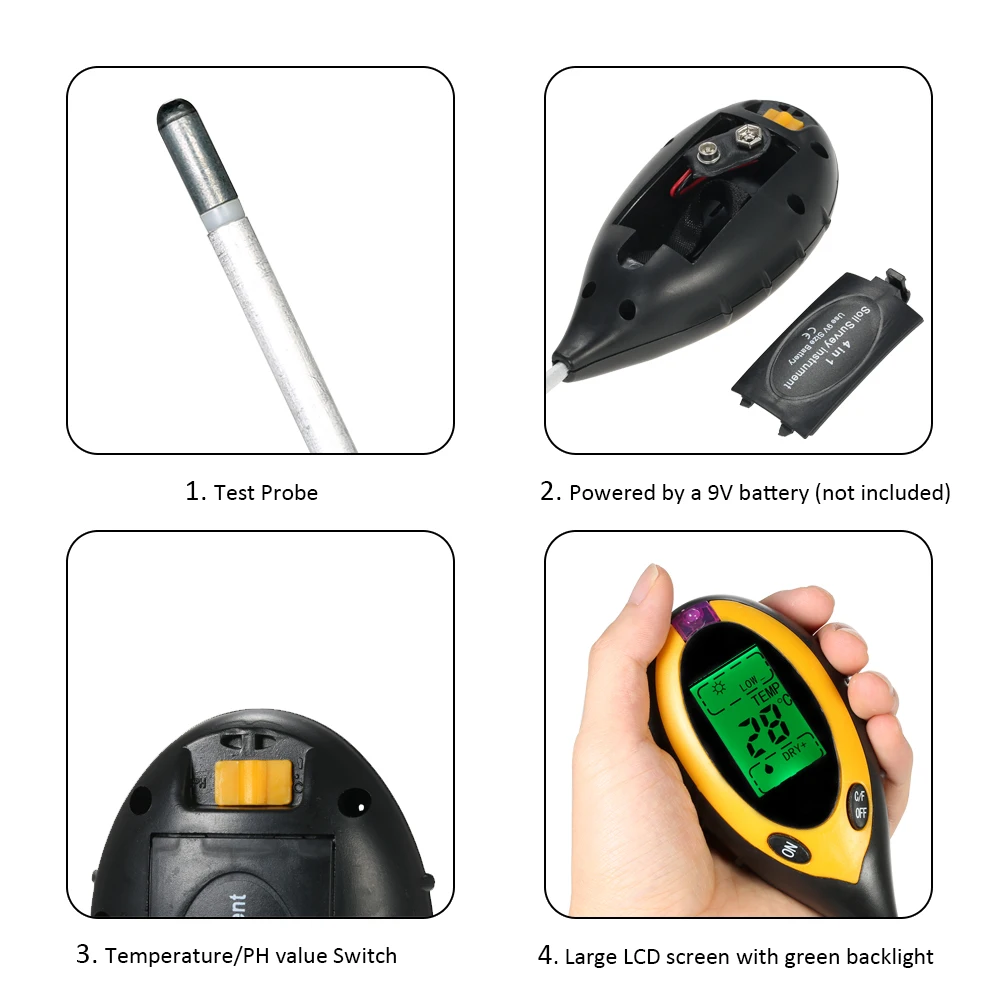 4 In1 Digital Soil Meter PH Moisture Meters Detector Multitool Sunlight/Moisture/PH value/Temperature Instrument For Plants | Инструменты
