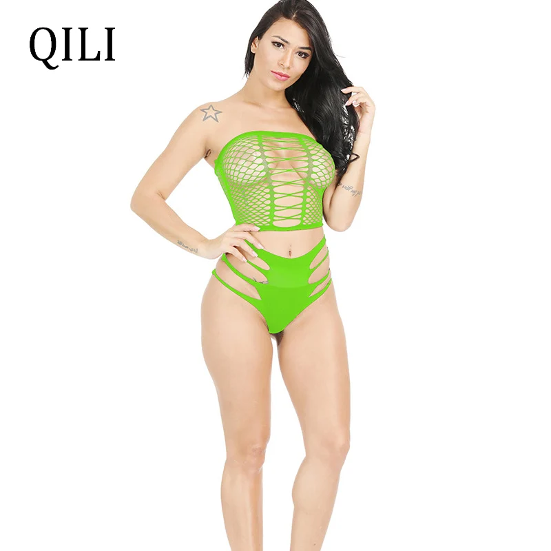 

QILI Sexy Two Piece Set Bodysuits Women Strapless Sleeveless Hollow Out Bodysuit Nightclub Sexy See Through 2 Piece Bodysuits