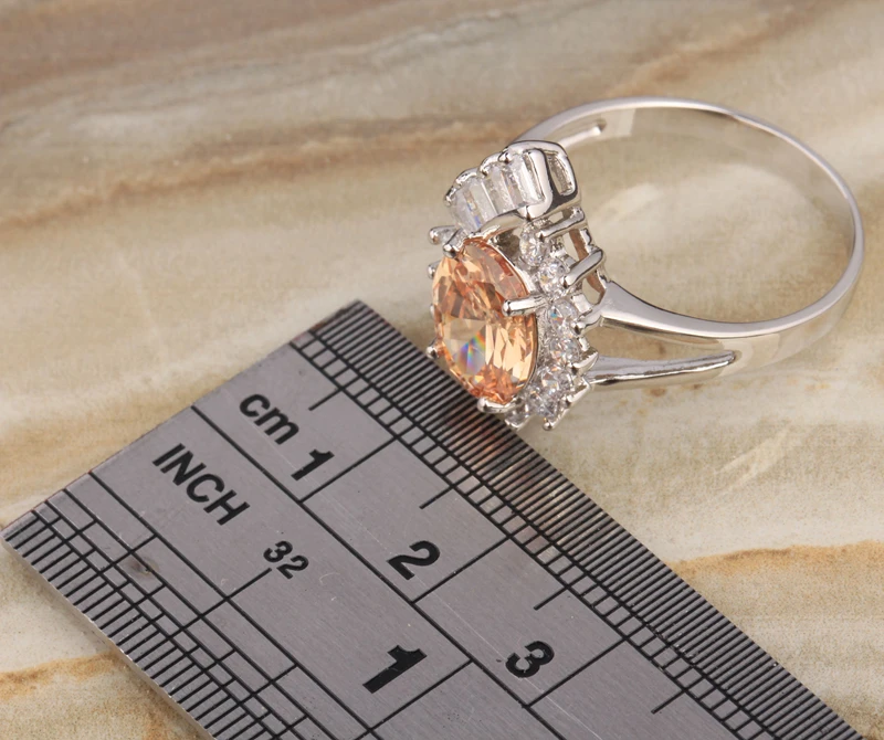 Luxurious Champagne Zircon Movable Gems Morganite Silver Plated Argent Solitaire Ring Size 6 / 7 8 9 S1359 | Украшения и