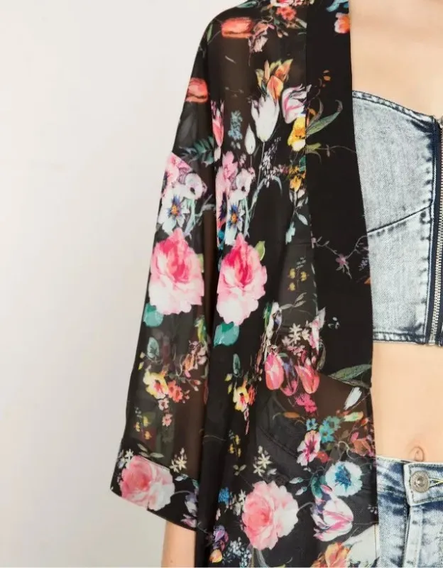 Модное осеннее шифоновое кимоно с цветочным принтом кардиган Blusas Femininas длинное