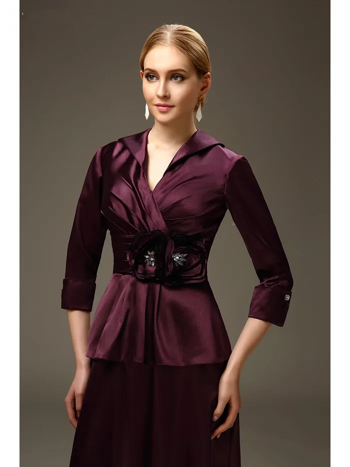 Пурпурного цвета мамы невесты платья прямое платье с v образным вырезом тафта Чай