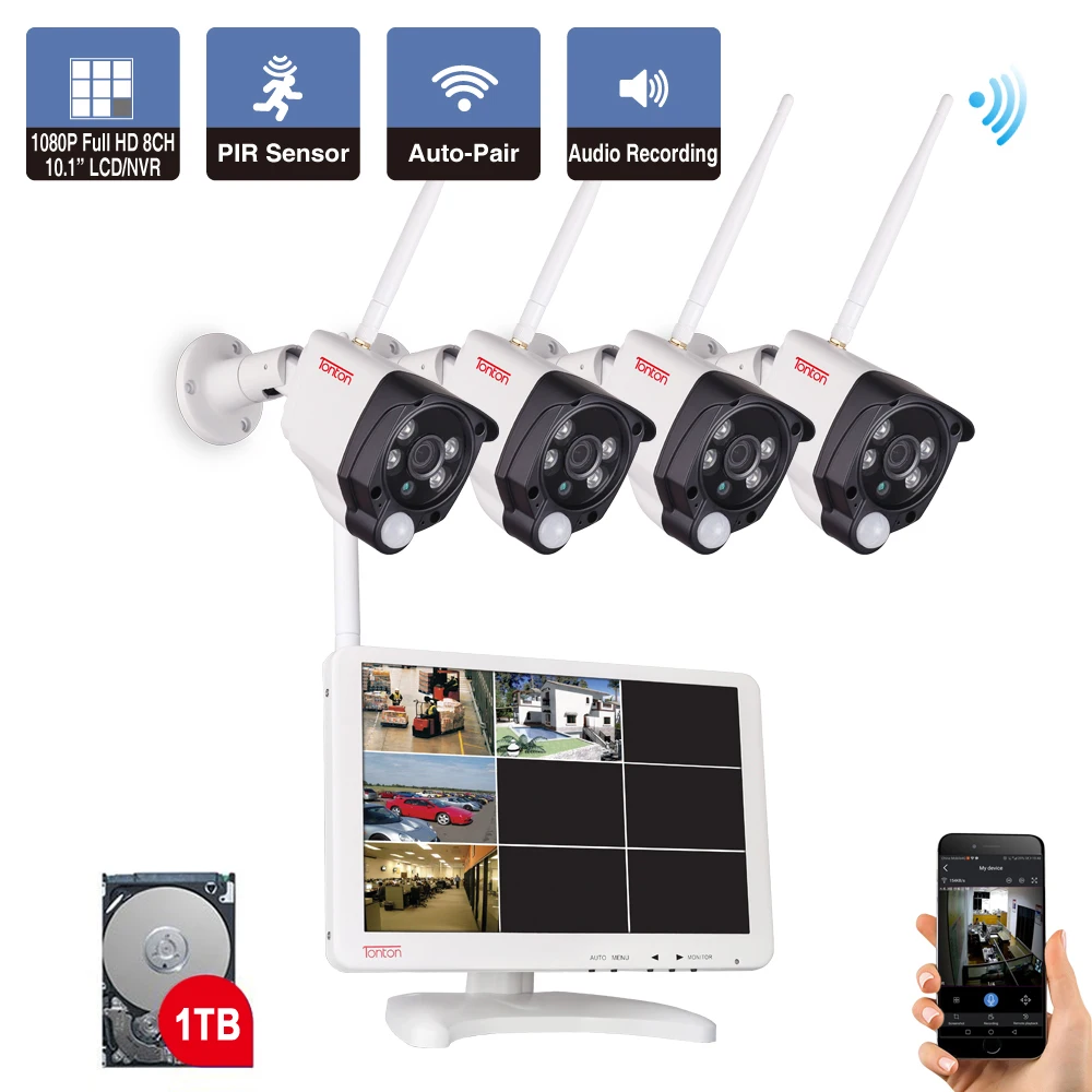 Беспроводная система видеонаблюдения Tonton 8 каналов 1080P 10 1 дюйма 2 МП Wi Fi IP камера