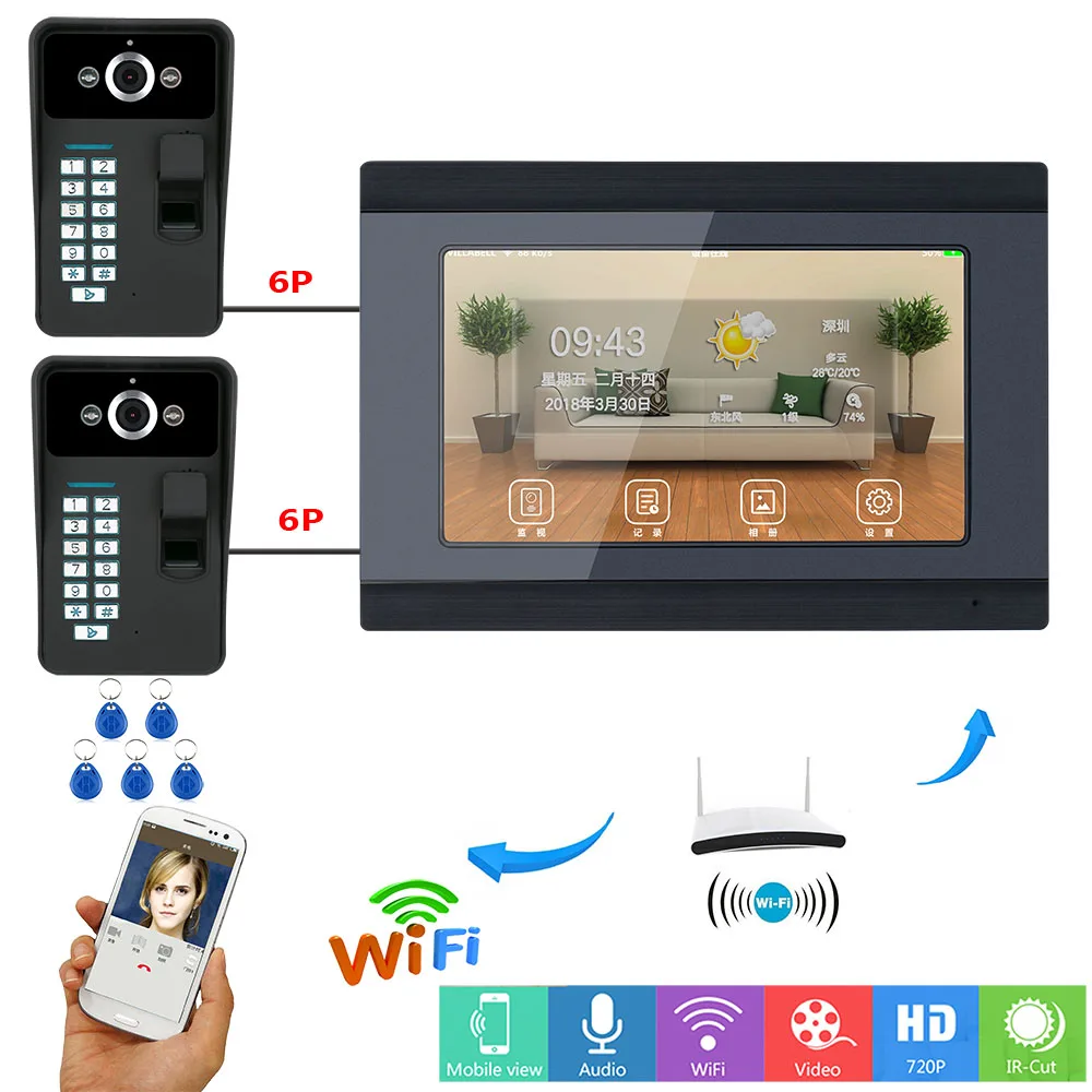 7 дюймов проводной беспроводной Wifi отпечаток пальца RFID пароль видео дверной