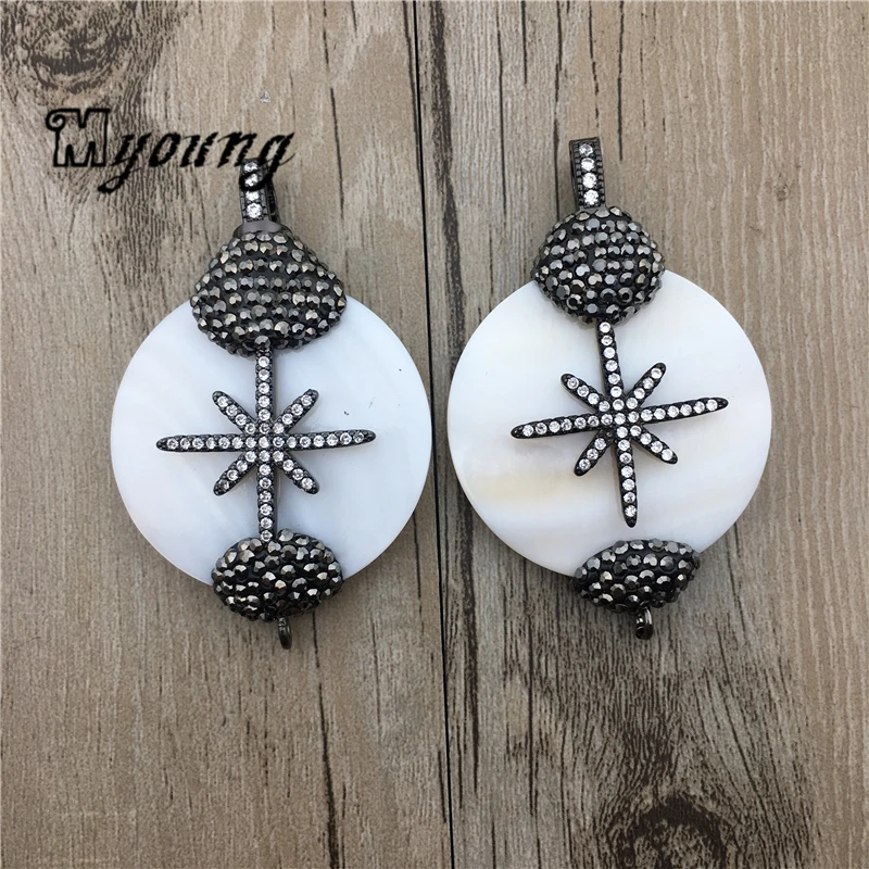 

Large Round Mother Pearl Shell Pendant With Rhinestone Paved ,Wholesale CZ Zirconia Micro Paved Star Connector Charms, MY1729