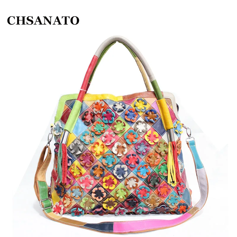 

CHSANATO Factory Price Shoulder Bags For Women Brands Cowhide Genuine Leather Flowers Ladies Handbags Tassel Large Tote