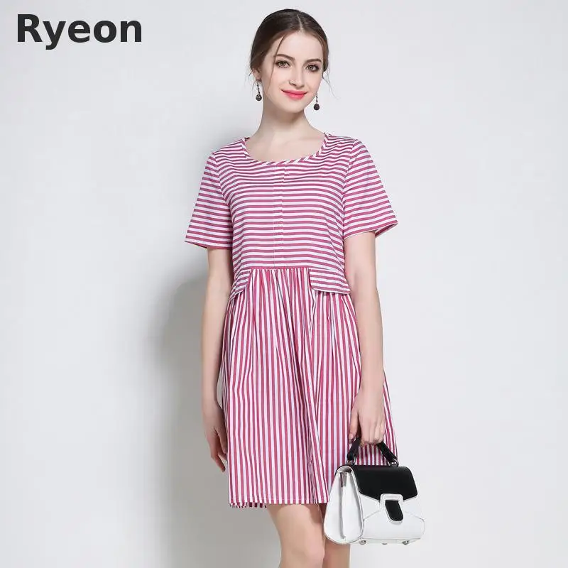 Ryeon 5xl Плюс Размер Полосатый Хлопок Платья Линии Короткие Длиной До Колен О