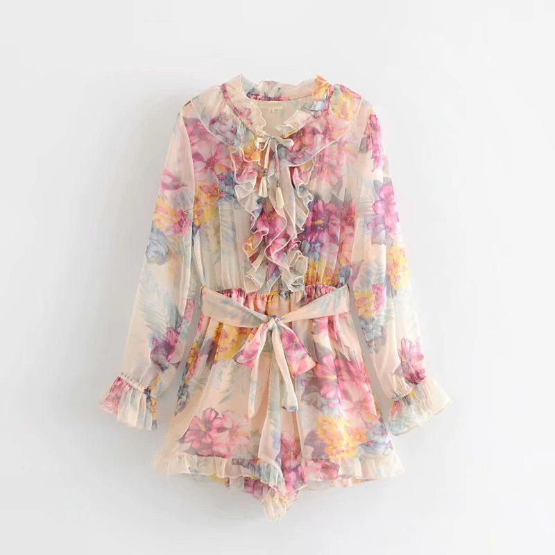 Женский короткий комбинезон в горошек с цветочным принтом V образным вырезом и