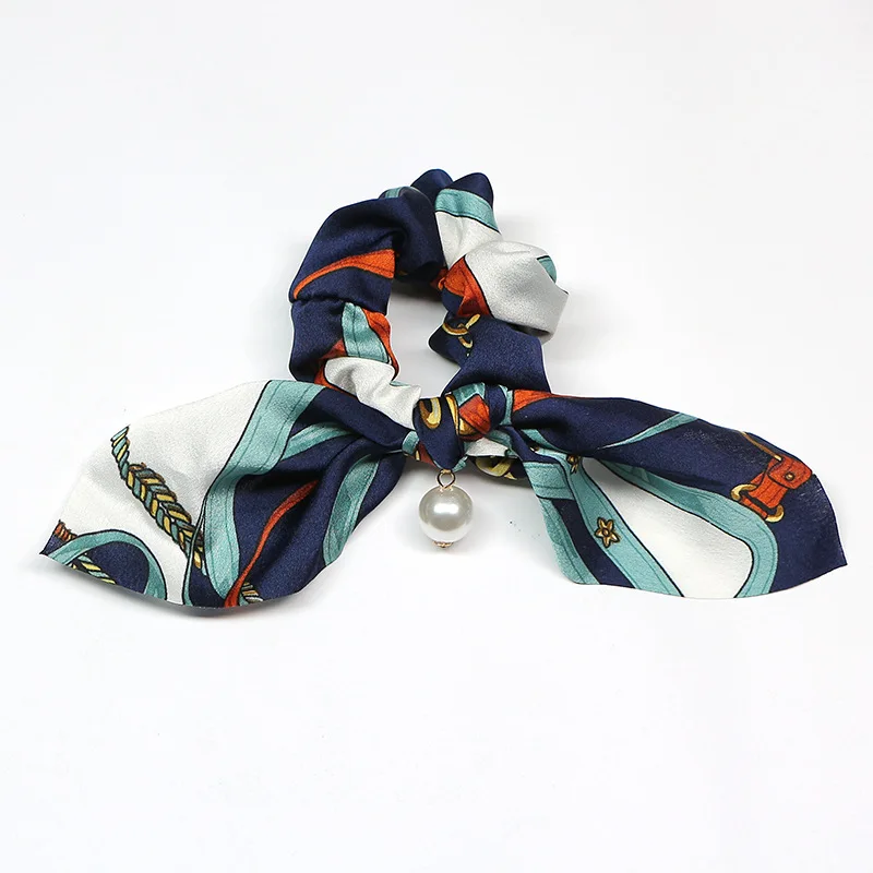 pearl blue headband Модная женская резинка для волос из сатина с бантом, резиновая эластичная лента для волос с жемчугом, резинка для конского хвоста, аксессуары для волос для девочек - Цвет: pearl blue headband