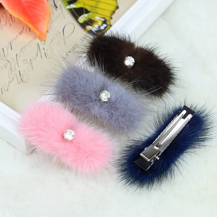 

10 pcs/lot, Sparkling Czech Crystal Mink Fur Ball Hair Clip For Hair Accessories