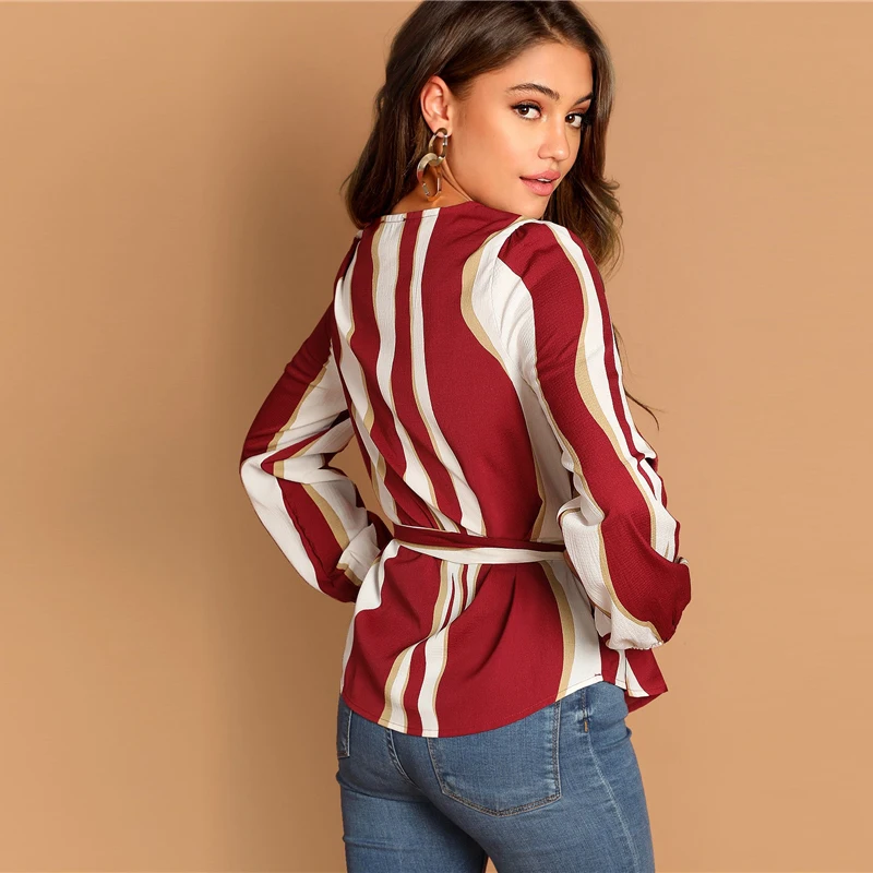 SHEIN Контрастная Блуза С Поясом Женский Многоцветный Осенний Повседневный Топ С Длинными Рукавами