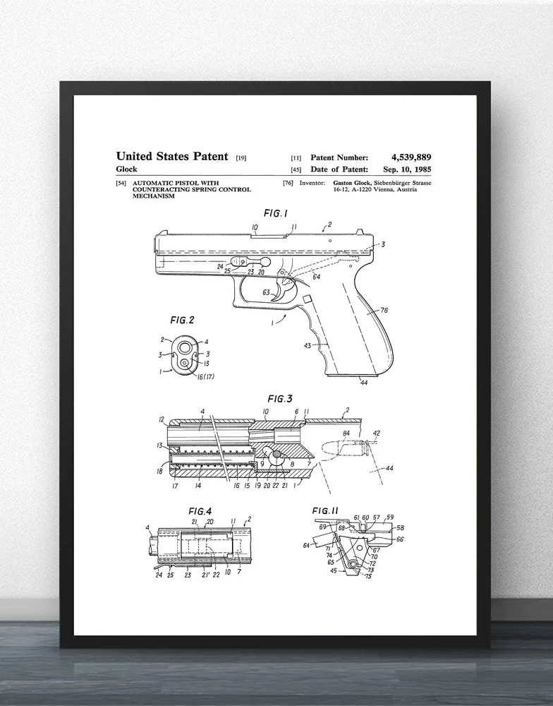 Пистолет Glock патент 1985 схема Настенная картина Настенный декор холст печать на