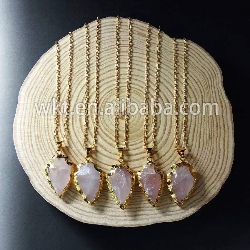 

WT-N472 Wholesale Tiny pink stone arrowhead necklace 24k gold trim natural stone quartz arrow necklace