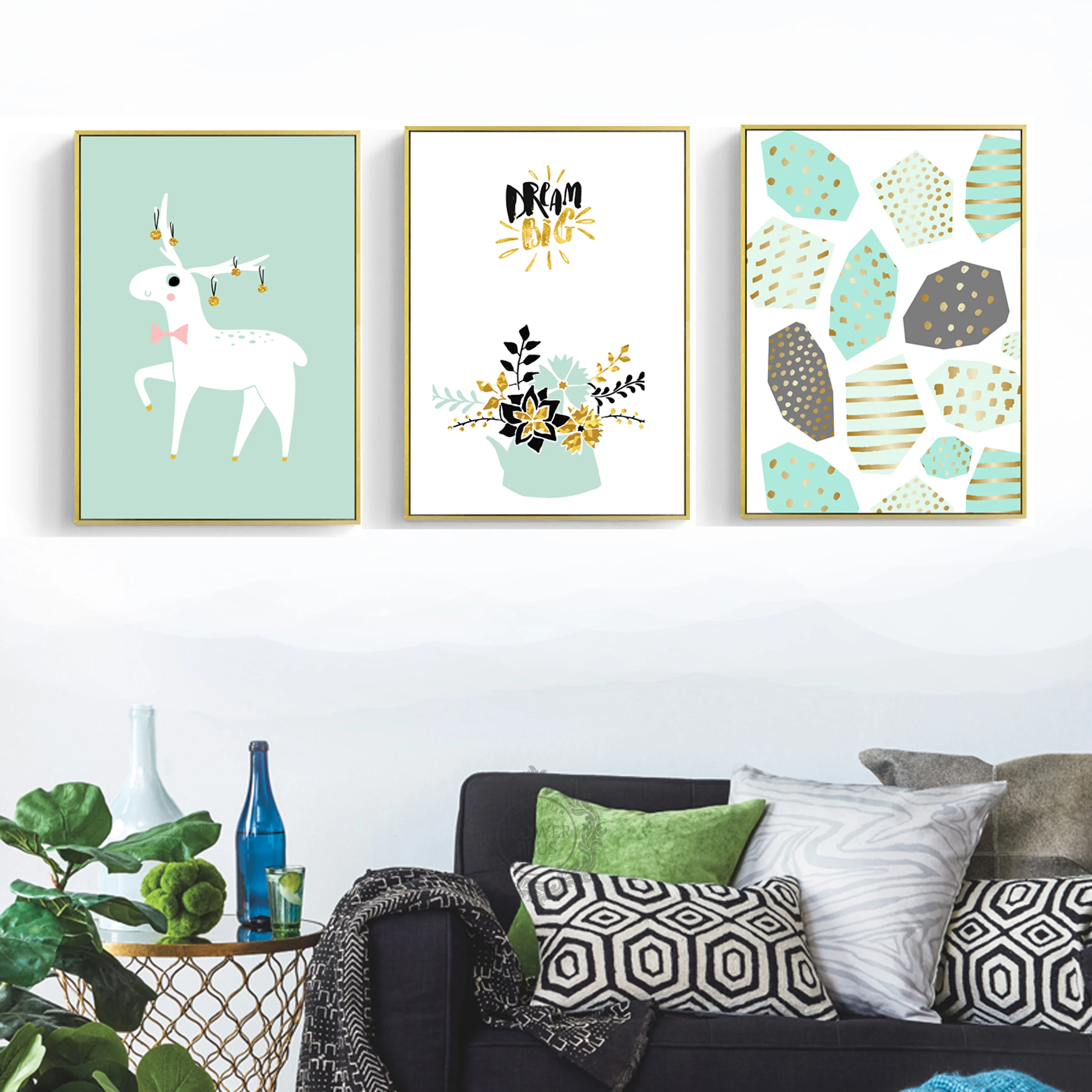 

Green Sitting Room Decorates Picture Canvas Painting Print Sofa Setting Picture Triplets Picture Hangs Picture Modern Wall Art