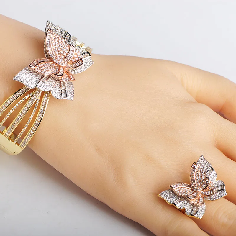 

Dazz Three Tone Butterfly Shape Bangle Ring Sets AAA+ CZ Zircon Wedding Bridal Women Jewelry Sets Copper Animal Hand Jewelry