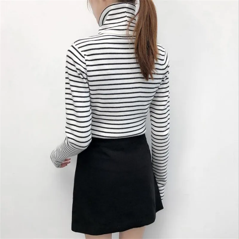 Chic Wind Knitted Sweater And Pullovers Women 2019 Fashion High Collar Striped Slim Pullover Classic Wild Basic Sweaters D716 | Женская
