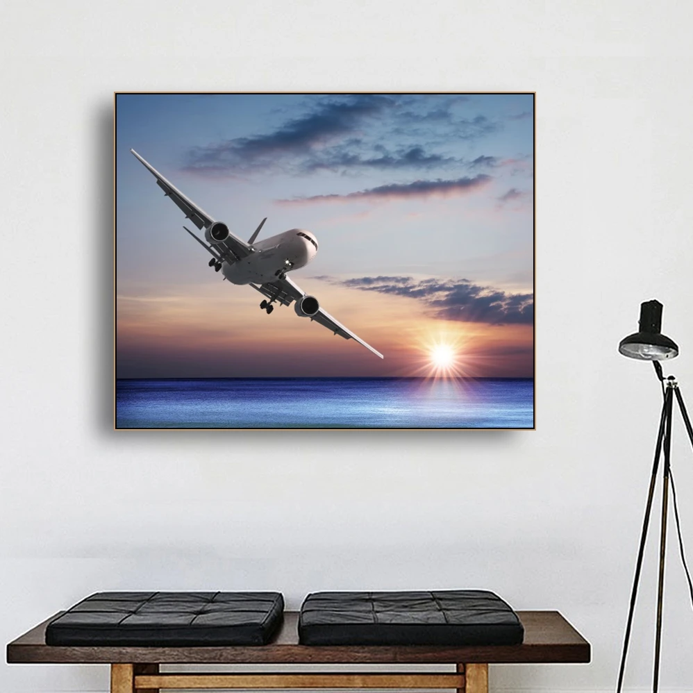 

Laeacco Canvas Calligraphy Painting Jet Aircraft over the Sea Posters and Prints Sunshine Wall Art Picture for Living Room Decor