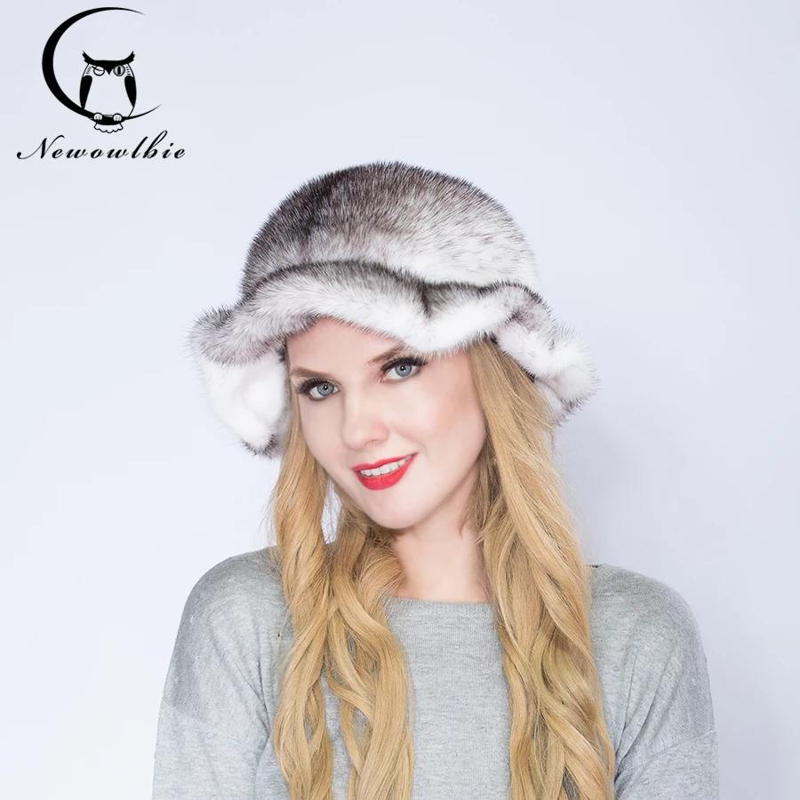 NEWOWLBIE  Real Fur Mink topper Flounced Fashion  Natural Mink  Hat Winter Warm Protect Skin Match Coat  Multifunction Hats