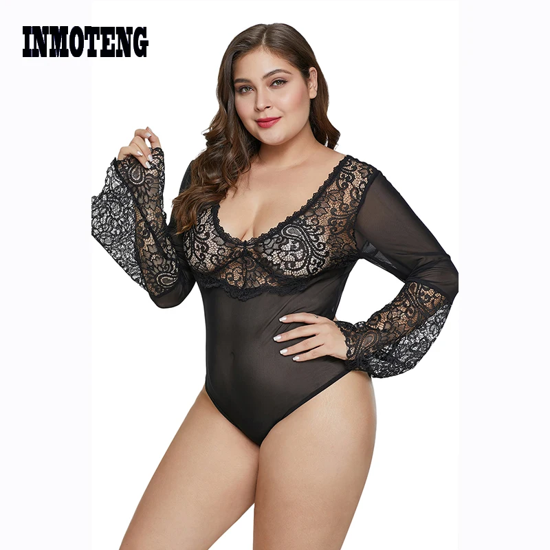 INMOTENG черный колокол рукавом кружево сетки плюс размеры XL XXL 3XL Тедди боди ночные