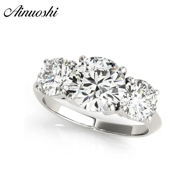 AINUOSHI 925 пробы серебряные женские Свадебные обручальные кольца три камня кольца 2ct круглые кольцевые серебряные ювелирные изделия для влюбленных
