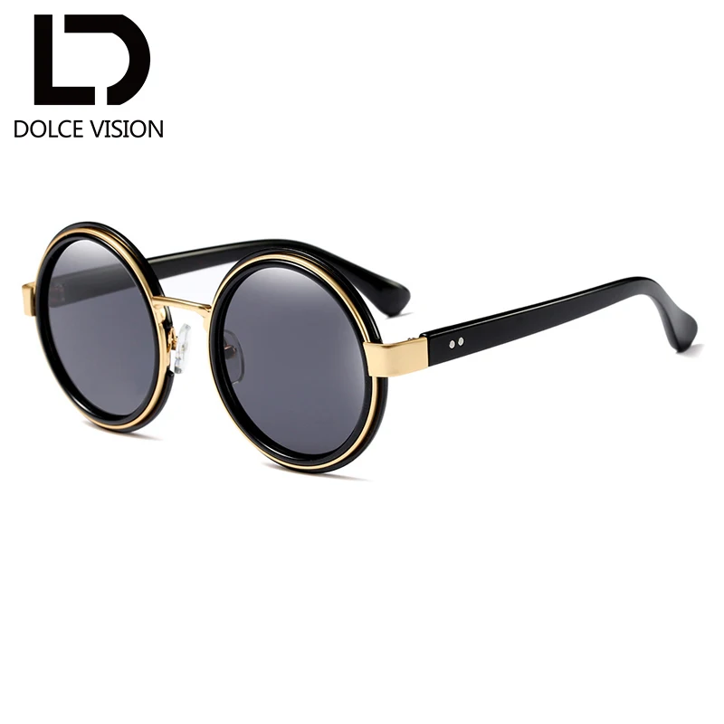 Женские винтажные круглые солнцезащитные очки в черной оправе с золотистыми
