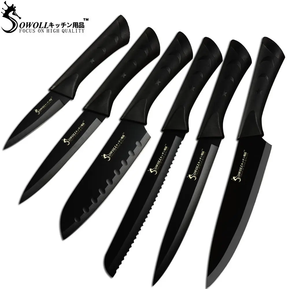 6 Piece Set Кухонный нож SOWOLL из нержавеющей стали, комплект из 6 предметов, нескользящая ручка 3," 5" " 8" " 8", черный нож из нержавеющей стали, распродажа - Цвет: 6 Piece Set