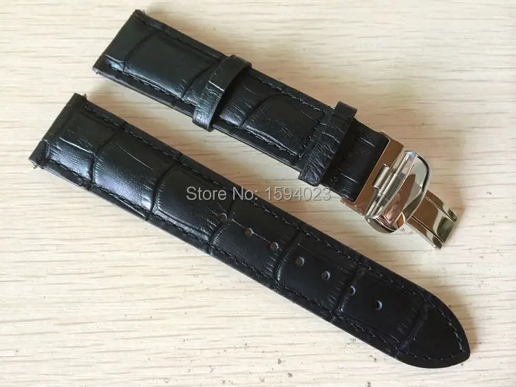 Ремешок из натуральной кожи для мужских часов черный браслет с серебристой