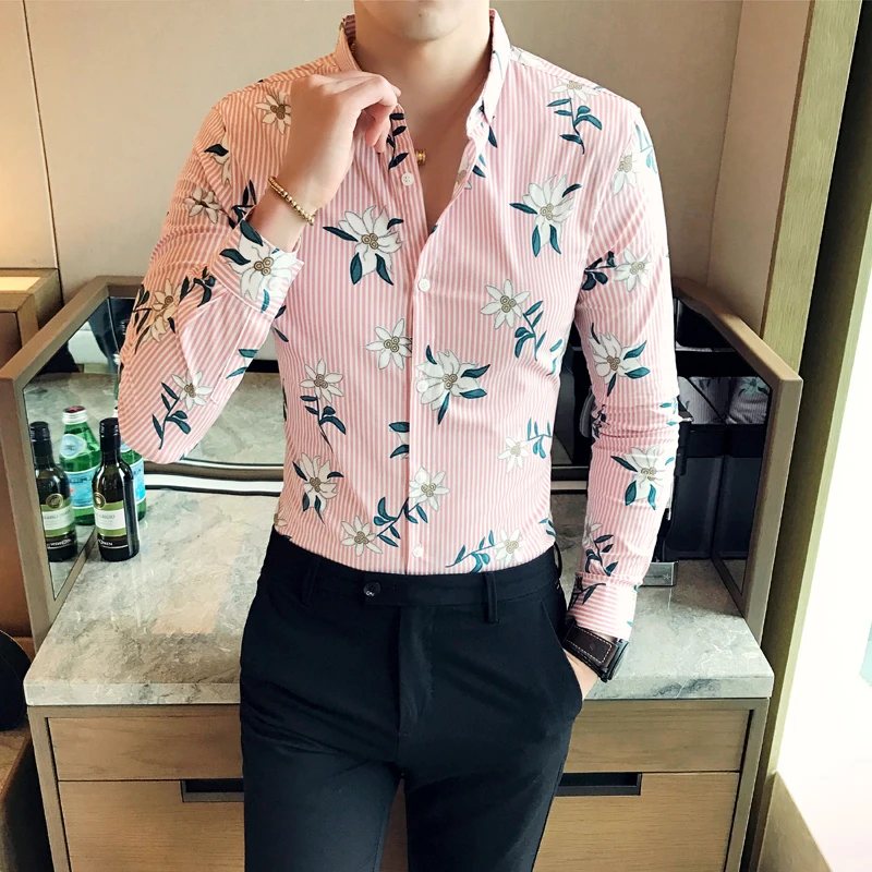 Осень 2017 г. мужчин розовый/Блюз полосой цветы Рубашки корейский стиль социальных